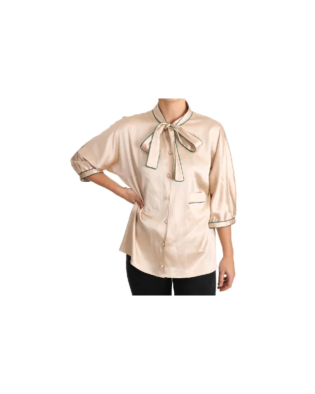 Dolce & Gabbana  Women's Silk Blouse Tie Neck Beige Chic Sleeveless Blouse