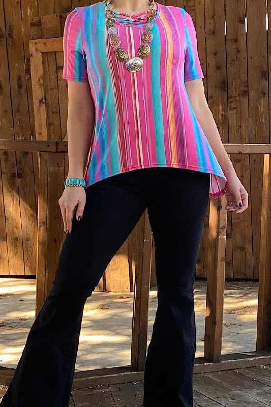 YMY11024 Serape printed blouse w/criss cross neckline Feminine Ruffle Blouse