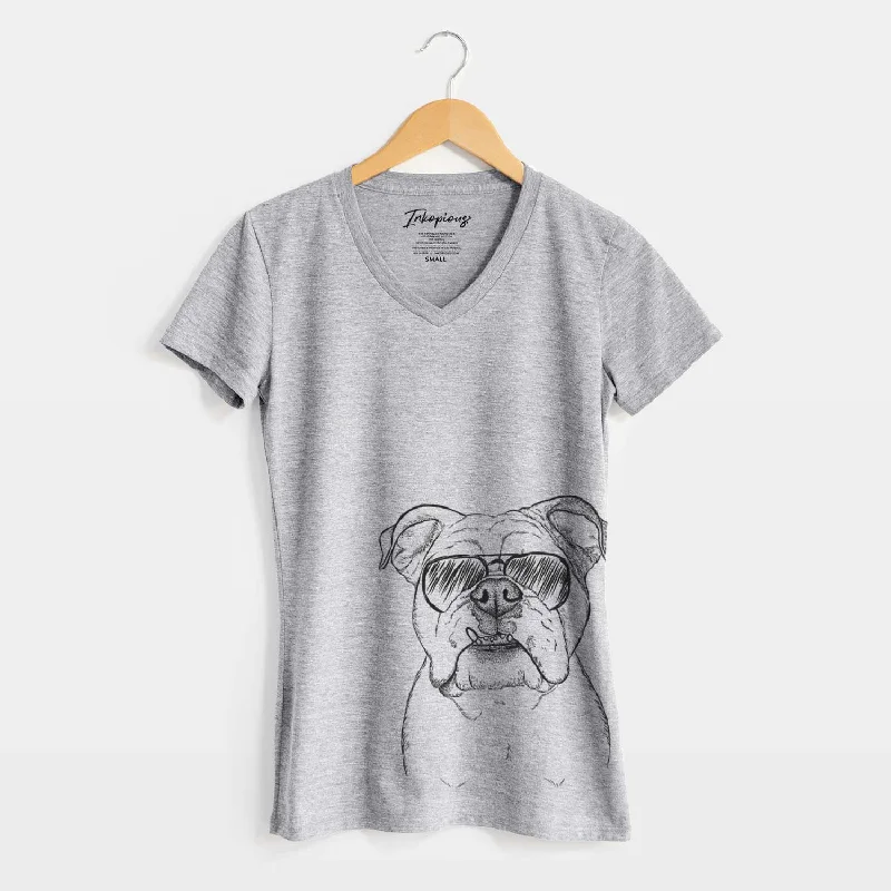 Aviator Dazy the English Bulldog - Women's V-neck Shirt-- Cashmere Blend Cotton Blend Poly Blend