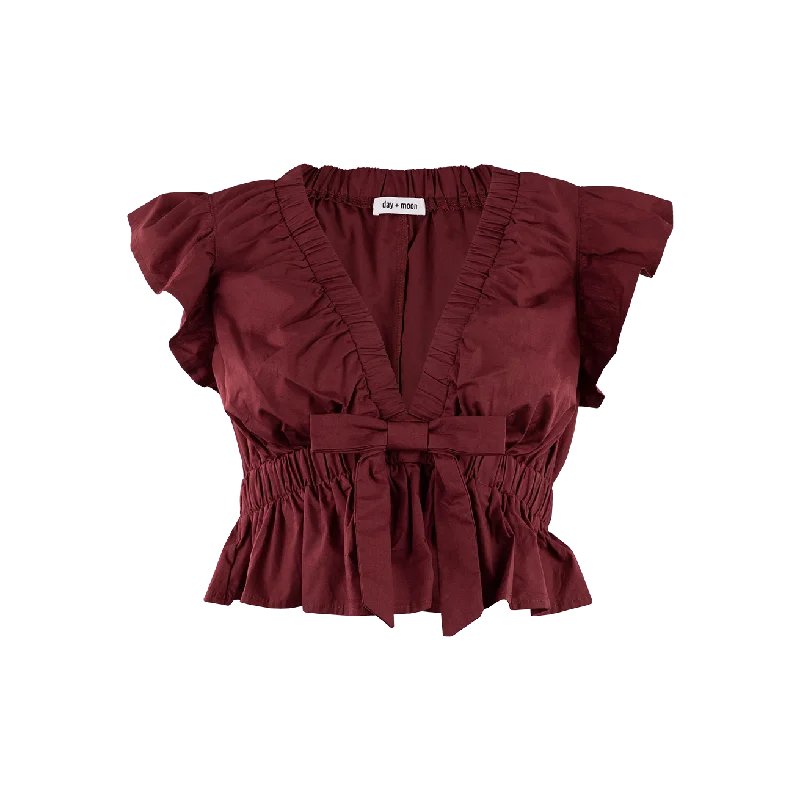Maroon Bow Ruffled V-Neck Blouse Elegant Office Blouse