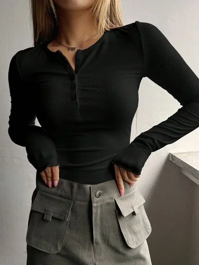 Lydia Half Button Long Sleeve T-Shirt-- Print Jacquard Patchwork