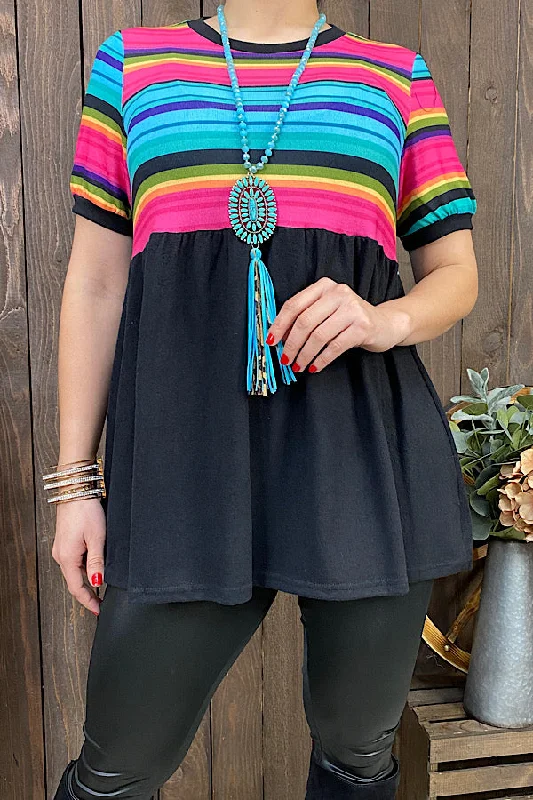 BQ11486 Black & multi color serape baby doll short sleeve blouse Subtle Shimmer Blouse BQ11486 Black & multi color serape baby doll short sleeve blouse Subtle Shimmer Blouse