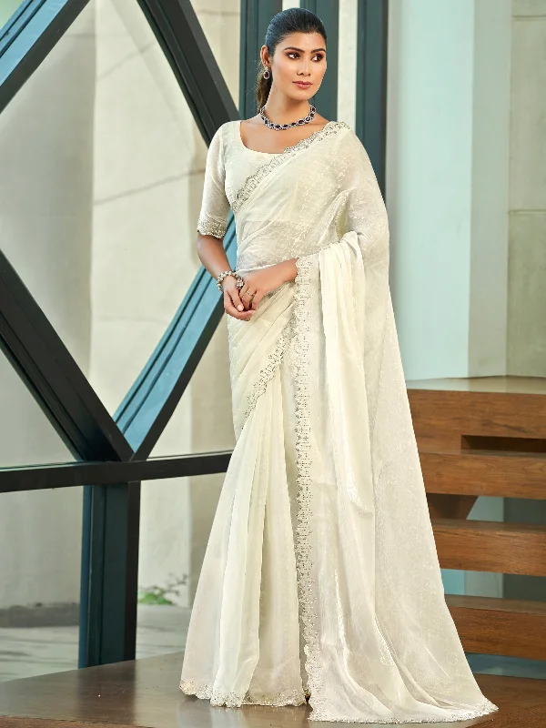Jyoti Fashion Women's Cream Silk Blend Embellished Border with Beads & Crystal Cutwork Saree with Blouse Boho Chic Blouse Jyoti Fashion Women's Cream Silk Blend Embellished Border with Beads & Crystal Cutwork Saree with Blouse Boho Chic Blouse
