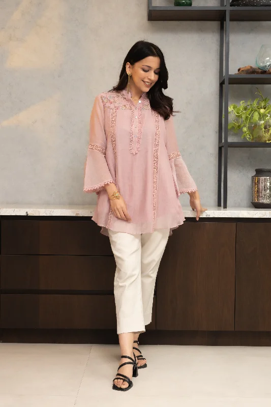 Pink Chanderi Shirt Featuring Block Print Shoulder Yoke Lace Accents And Slip-- Mesh Fabric Canvas Fabric Denim Fabric