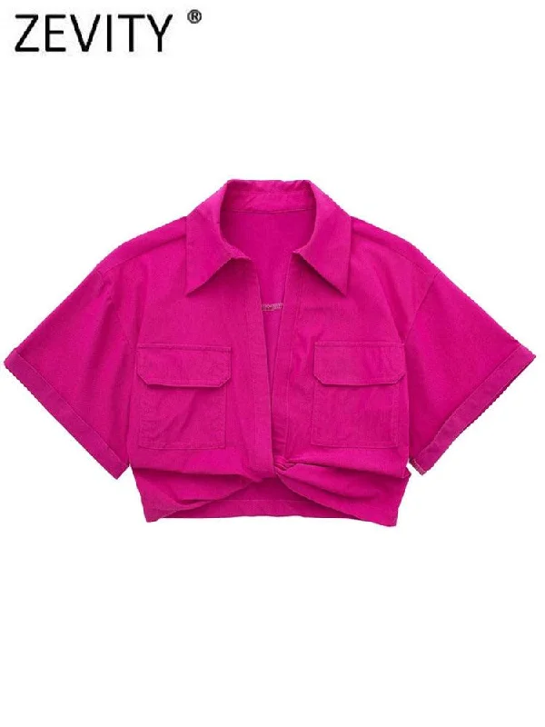 Women Safari Style Pockets Patch Knotted Linen Short Smock Blouse Lady Delicate Pleat Blouse Women Safari Style Pockets Patch Knotted Linen Short Smock Blouse Lady Delicate Pleat Blouse