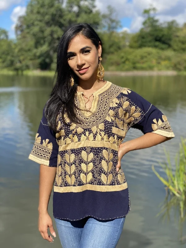 Traditional Mexican Golden Embroidered 3/4 Sleeve Blouse. Blusa Milpas Dorada Boho Printed Blouse