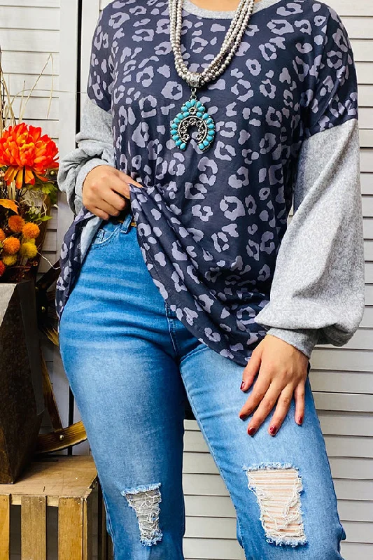 FW9890 Leopard printed blouse w/solid grey bubble sleeves Playful Puff Blouse