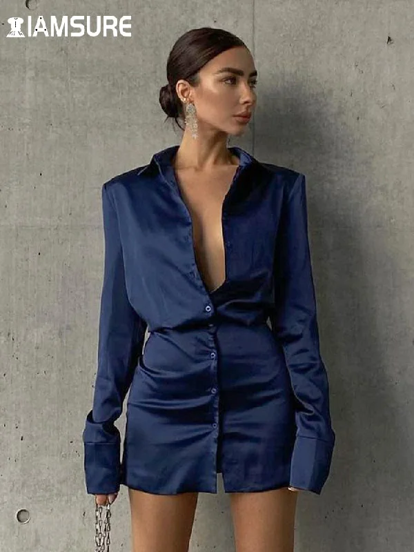 IAMSURE Solid Satin Shirt Dress Elegant Fashion Office Ladies Turn-Down Collar Long Sleeve Mini Dresses For Women 2021 Autumn Elegant Satin Lace Mini Dress