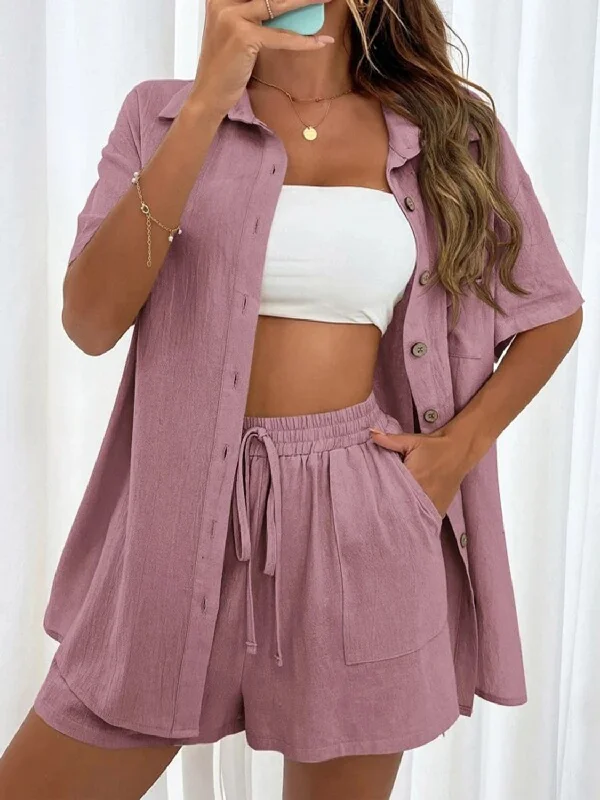 Demi Button Up Shirt and Drawstring Shorts Set-- Lace Blend Ribbed Blend Corduroy Blend