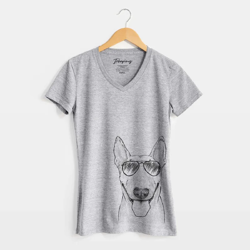 Aviator Chloe the Bull Terrier - Women's V-neck Shirt-- Mesh Blend Leather Blend Suede Blend