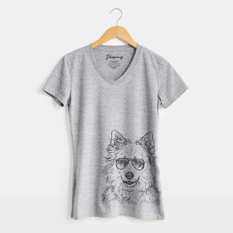 Aviator Chia the Samoyed Husky Mix - Women's V-neck Shirt-- Embroidered Appliqued Beaded
