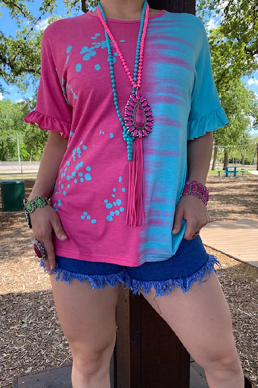 XCH13283 PINK & turquoise blouse Collared Satin Blouse