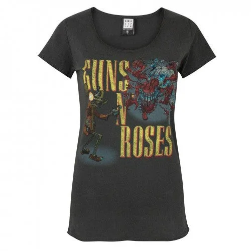 Amplified Womens/Ladies Guns N Roses Appetite Attack T-Shirt-- Striped Floral Plaid