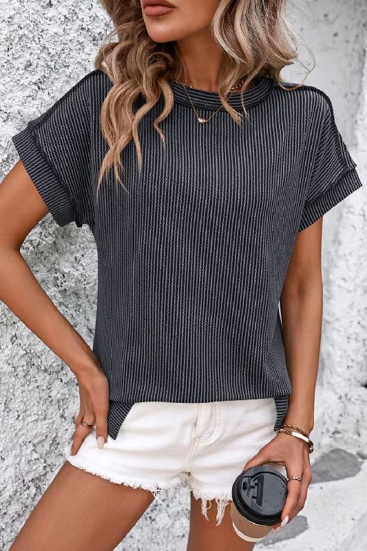 Zadie Striped Round Neck Short Sleeve T-Shirt-- Spandex Blend Rayon Blend Denim Blend Zadie Striped Round Neck Short Sleeve T-Shirt-- Spandex Blend Rayon Blend Denim Blend