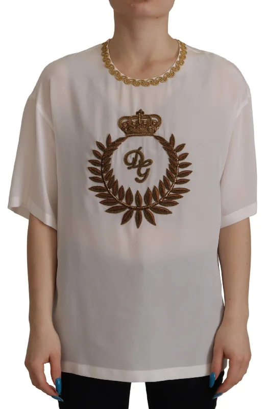 Dolce & Gabbana Elegant Silk Blouse with Gold Crown Women's Embroidery Sleeveless Summer Blouse