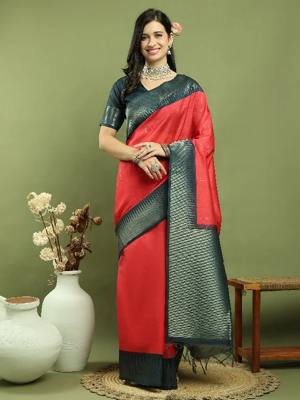 Jyoti Fashion Women's Red Silk Blend Ikat Jari Weaving Pattern with Jari Border Saree with Blouse Playful Puff Blouse Jyoti Fashion Women's Red Silk Blend Ikat Jari Weaving Pattern with Jari Border Saree with Blouse Playful Puff Blouse