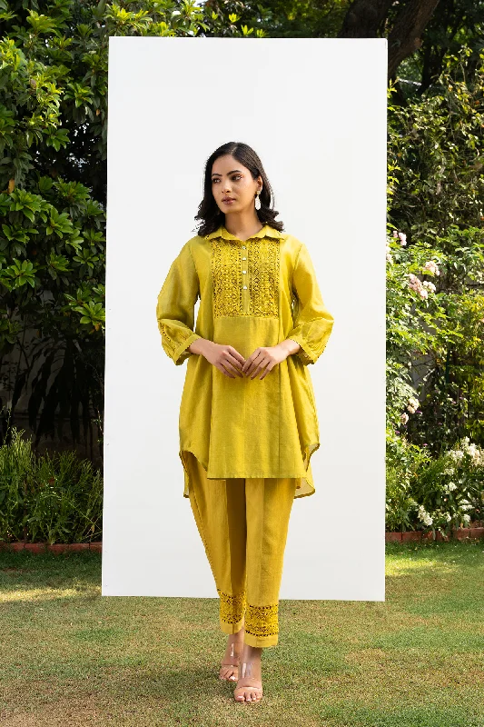 Lime Green Collared Shirt Co-Ord Set-- Print Jacquard Patchwork