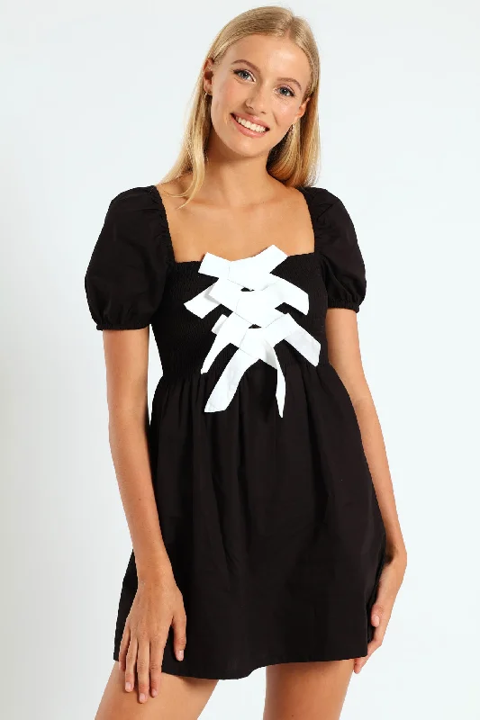 Contrast Bow Mini Dress - Black/White Stylish Ruffle Mini Dress