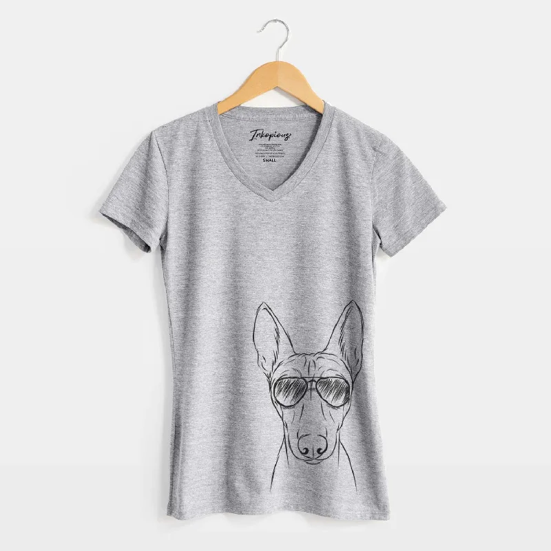 Aviator Bonsai the Basenji - Women's V-neck Shirt-- Denim Fabric Leather Fabric Suede Fabric Aviator Bonsai the Basenji - Women's V-neck Shirt-- Denim Fabric Leather Fabric Suede Fabric