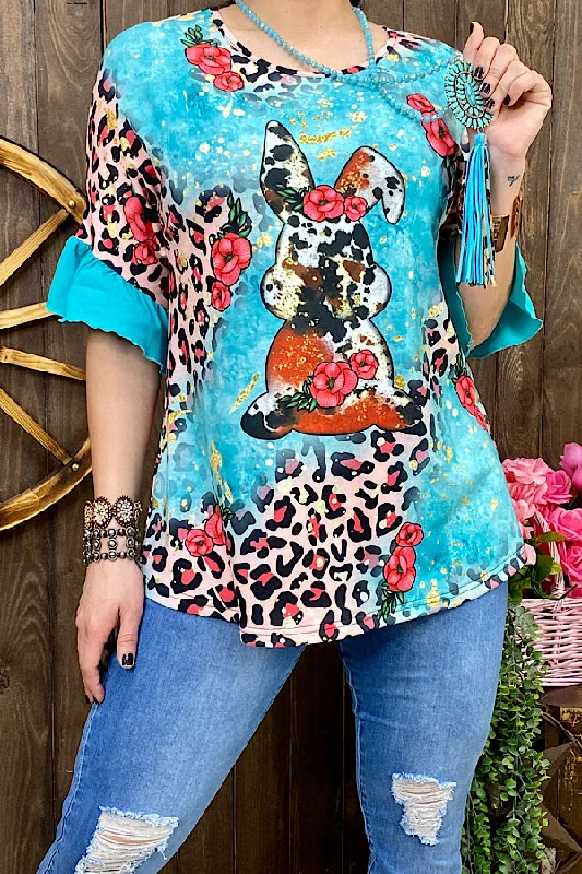 XCH13075 Easter bunny & leopard printed blouse Sweetheart Neck Blouse