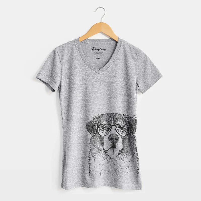 Aviator Dilly the Saint Bernard - Women's V-neck Shirt-- Zippered Front Buttoned Front Snap Front