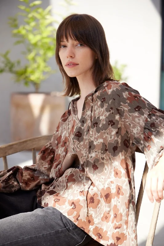 Print Blouse in Natural Tones Lightweight Linen Blouse