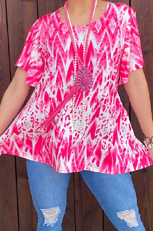 XCH13316 Pink multi print blouse Double Button Blouse