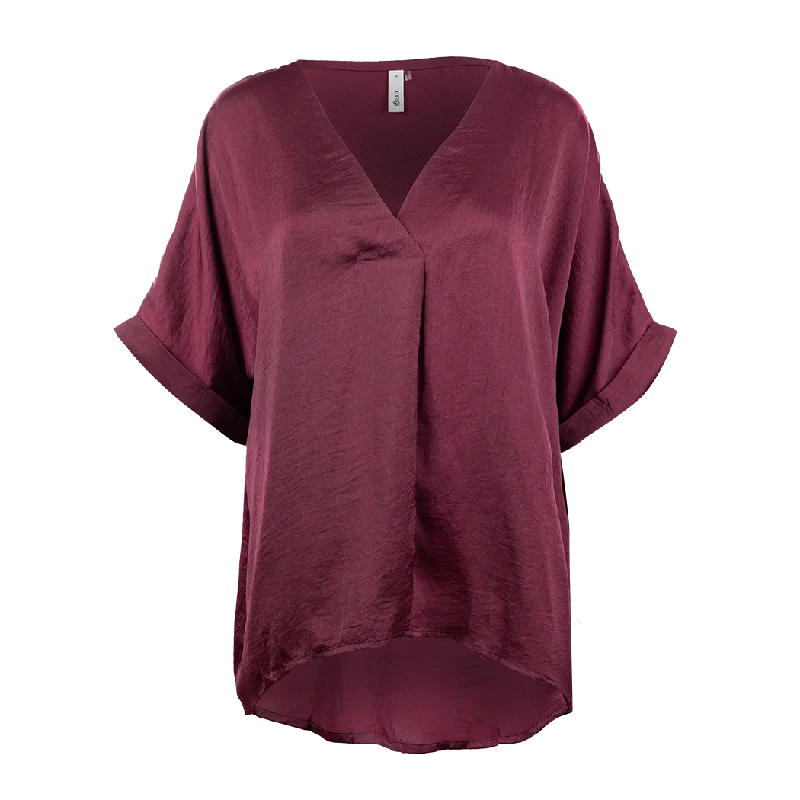 Maroon Satin V-Neck Blouse Semi-Sheer Blouse