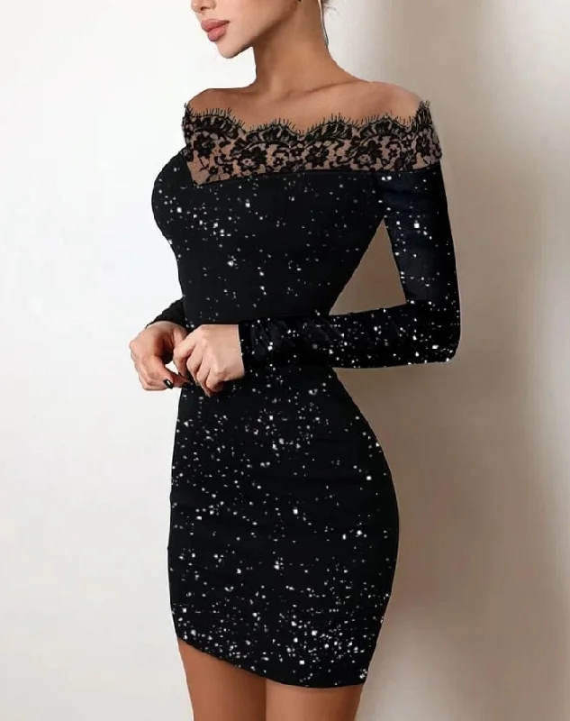Sexy Party Night Out Dresses For Women 2022 Autumn Plain Black Off Shoulder Long Sleeve Contrast Lace Glitter Bodycon Mini Dress Fashionable A-Line Mini Dress