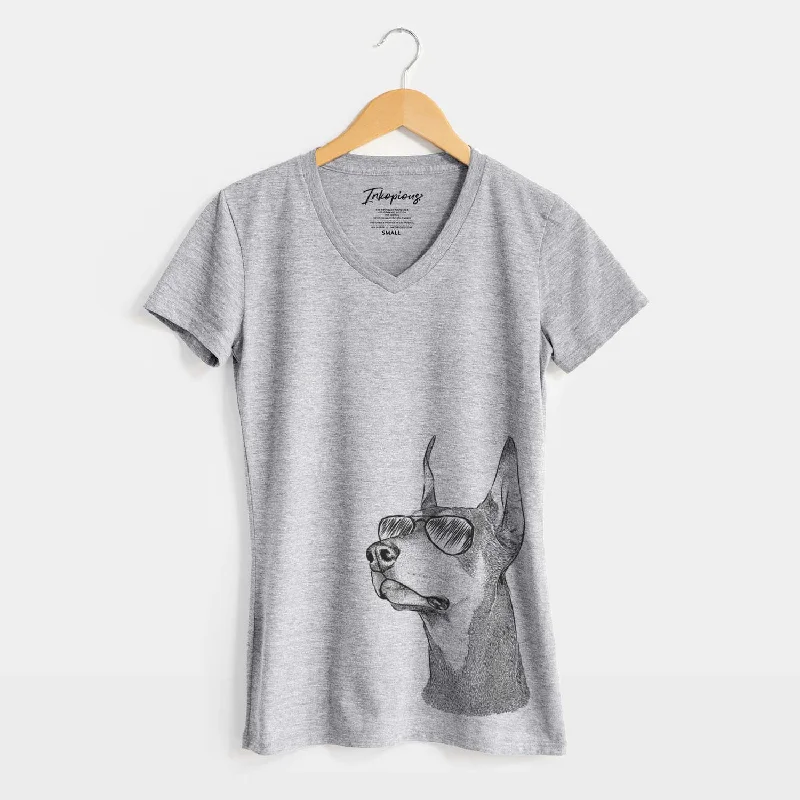 Aviator Cenza the Doberman Pinscher - Women's V-neck Shirt-- Fleece Nylon Spandex