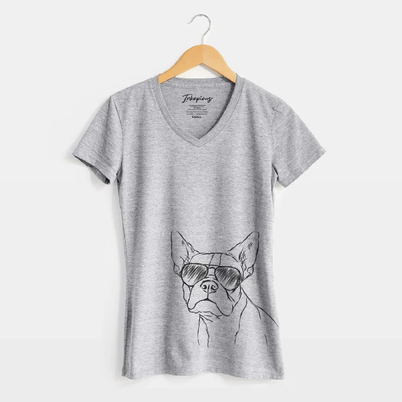Aviator Charles the Boston Terrier - Women's V-neck Shirt-- Solid Color Striped Floral
