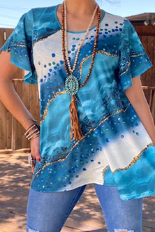 XCH13461s Blue & gold printed blouse w/short ruffle sleeves Embellished Collar Blouse