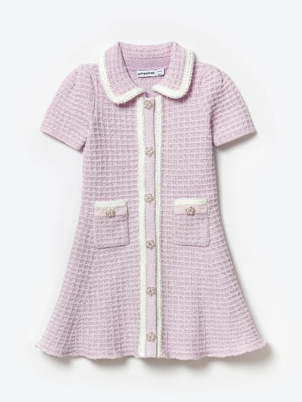 Self Portrait Girls Knitted Mini Dress in Purple Fashionable Polka Dot Mini Dress