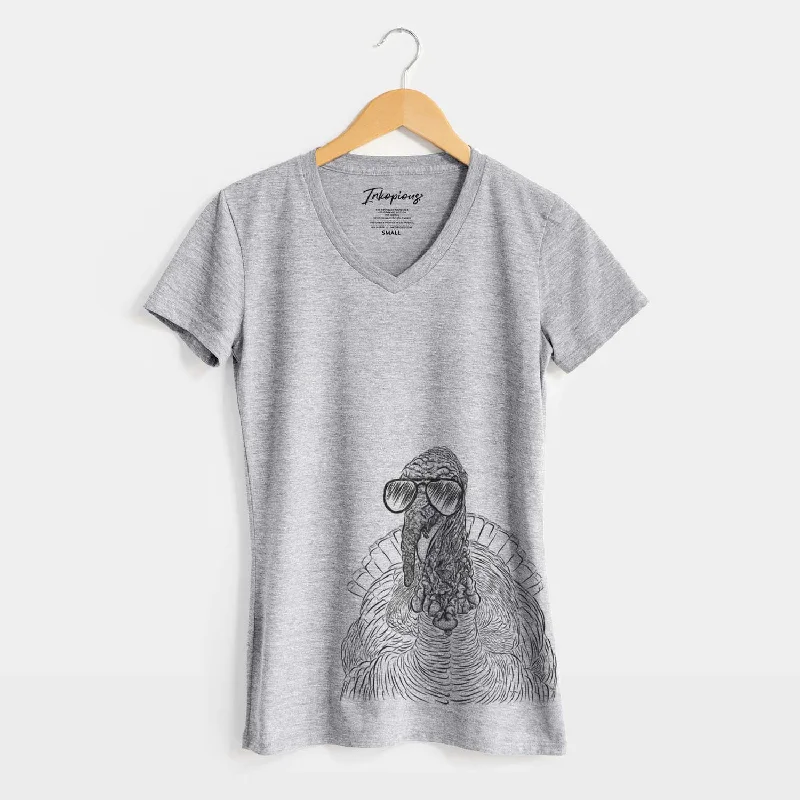 Aviator Brady the Turkey - Women's V-neck Shirt-- Zippered Buttoned Snapped