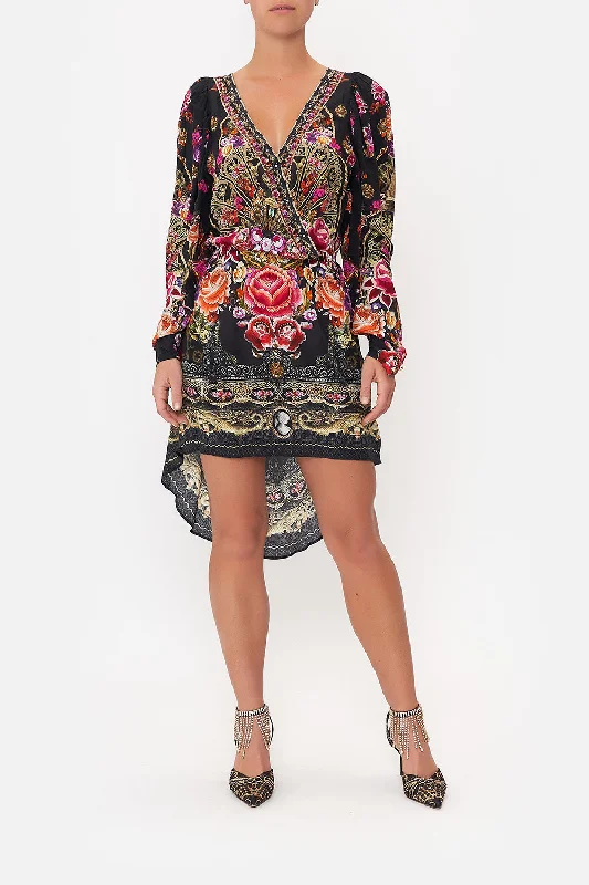 CROSS FRONT HIGH LOW MINI DRESS DANCE WITH DUENDE Chic Tropical Mini Dress