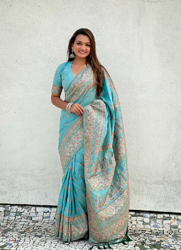 Blue Pashmina Silk Wevon Kashmiri Meenakari Designer Saree with Unstitched Blouse - Vandini Double Button Blouse Blue Pashmina Silk Wevon Kashmiri Meenakari Designer Saree with Unstitched Blouse - Vandini Double Button Blouse