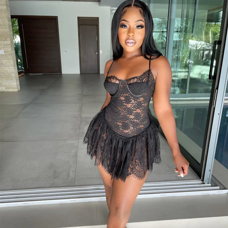Sexy new arrivals women ladies summer dresses spaghetti strap hot night see throught lace mini dress Comfortable Ruffle Mini Dress