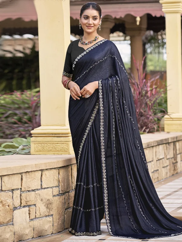 Jyoti Fashion Women's Mid Night Blue Shimmer Chiffon Embellished Border with Crystal Lines Saree with Blouse Satin Bow Blouse Jyoti Fashion Women's Mid Night Blue Shimmer Chiffon Embellished Border with Crystal Lines Saree with Blouse Satin Bow Blouse