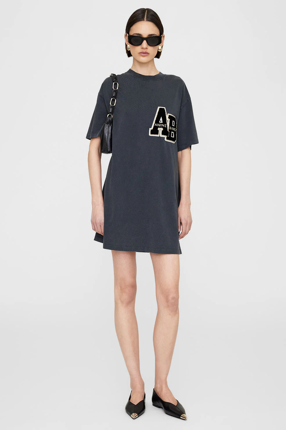 Anine Bing - Beth Mini Dress Letterman in Washed Black Elegant Satin Lace Mini Dress