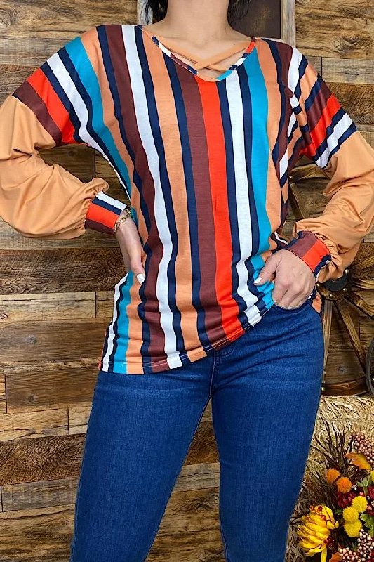 GJQ8144 Multi-color striped blouse w/bubble sleeves Classic White Blouse