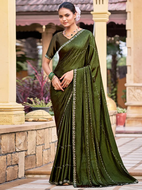 Jyoti Fashion Women's Olive Shimmer Chiffon Embellished Border with Crystal Lines Saree with Blouse Off-Shoulder Wrap Blouse Jyoti Fashion Women's Olive Shimmer Chiffon Embellished Border with Crystal Lines Saree with Blouse Off-Shoulder Wrap Blouse