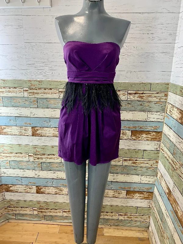 00’s Purple Strapless Mini Dress with Feathers Chic Halter Mini Dress