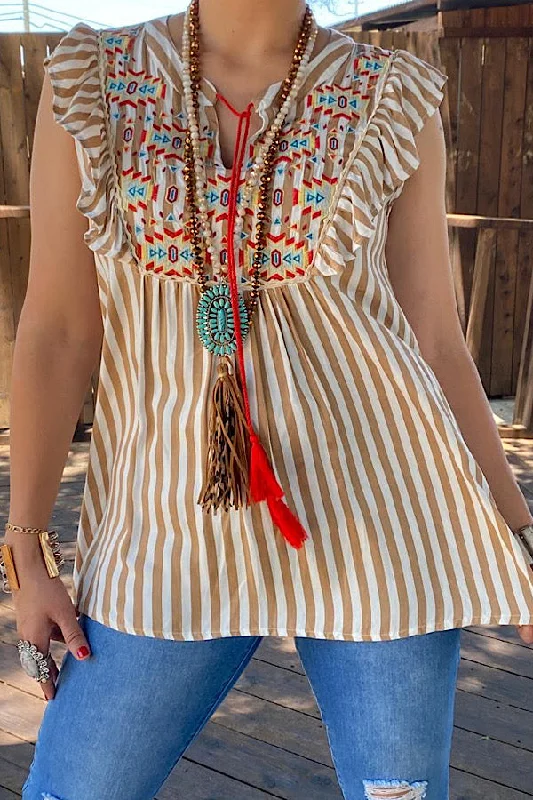 PA12914 Beige striped Aztec embroidery blouse Silky Draped Blouse