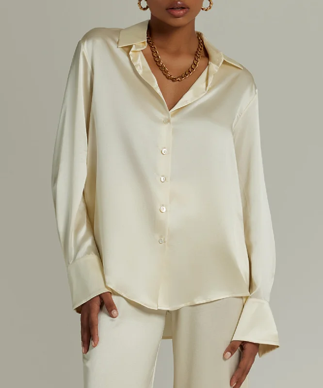 Silk Oversized Shirt-- Solid Print Embellished