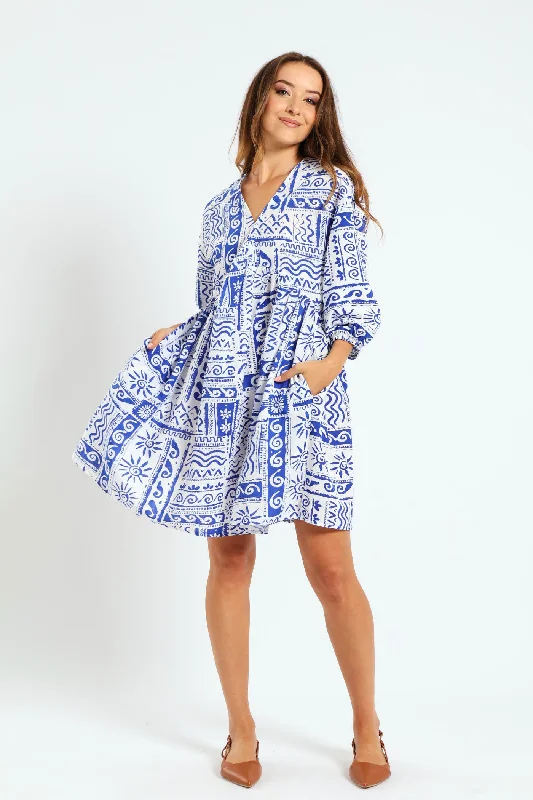 3/4 Sleeve V-Neck Grecian Babydoll Mini Dress - White/Blue Elegant Floral-Print Mini Dress 3/4 Sleeve V-Neck Grecian Babydoll Mini Dress - White/Blue Elegant Floral-Print Mini Dress