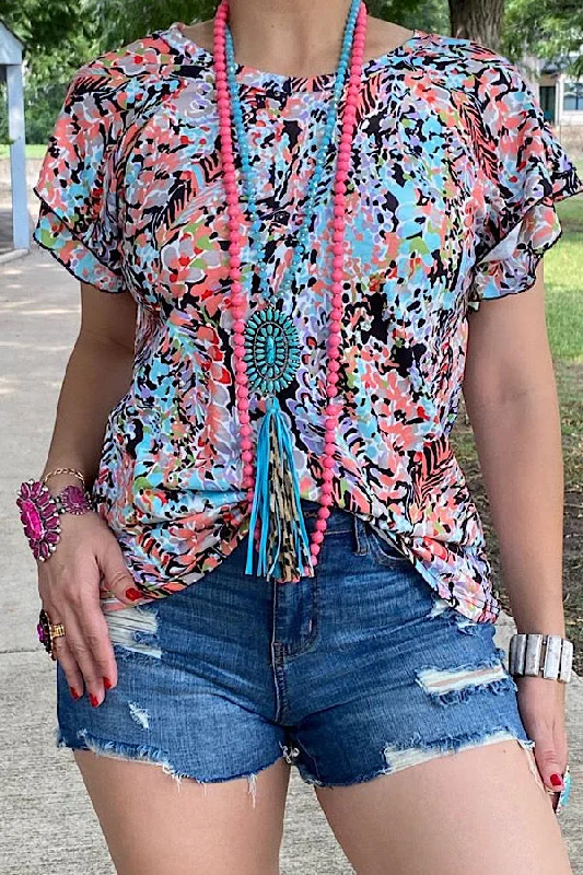 GJQ13445 Multi color floral printed blouse Balloon Sleeve Blouse
