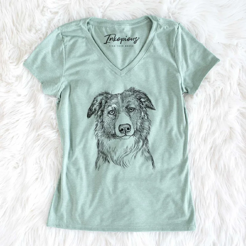 Bare Cynder the English Shepherd - Women's V-neck Shirt-- Lace Blend Ribbed Blend Corduroy Blend