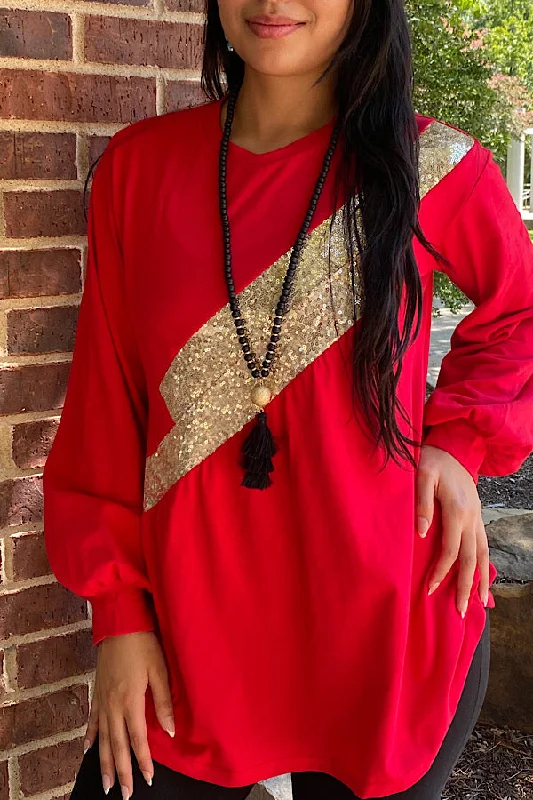 BQ11979 Red long sleeve blouse w/gold sequin Side Tie Blouse