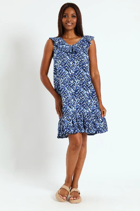 V-Neck Frill Hem Mini Dress - Blue Trendy Button-Detail Mini Dress