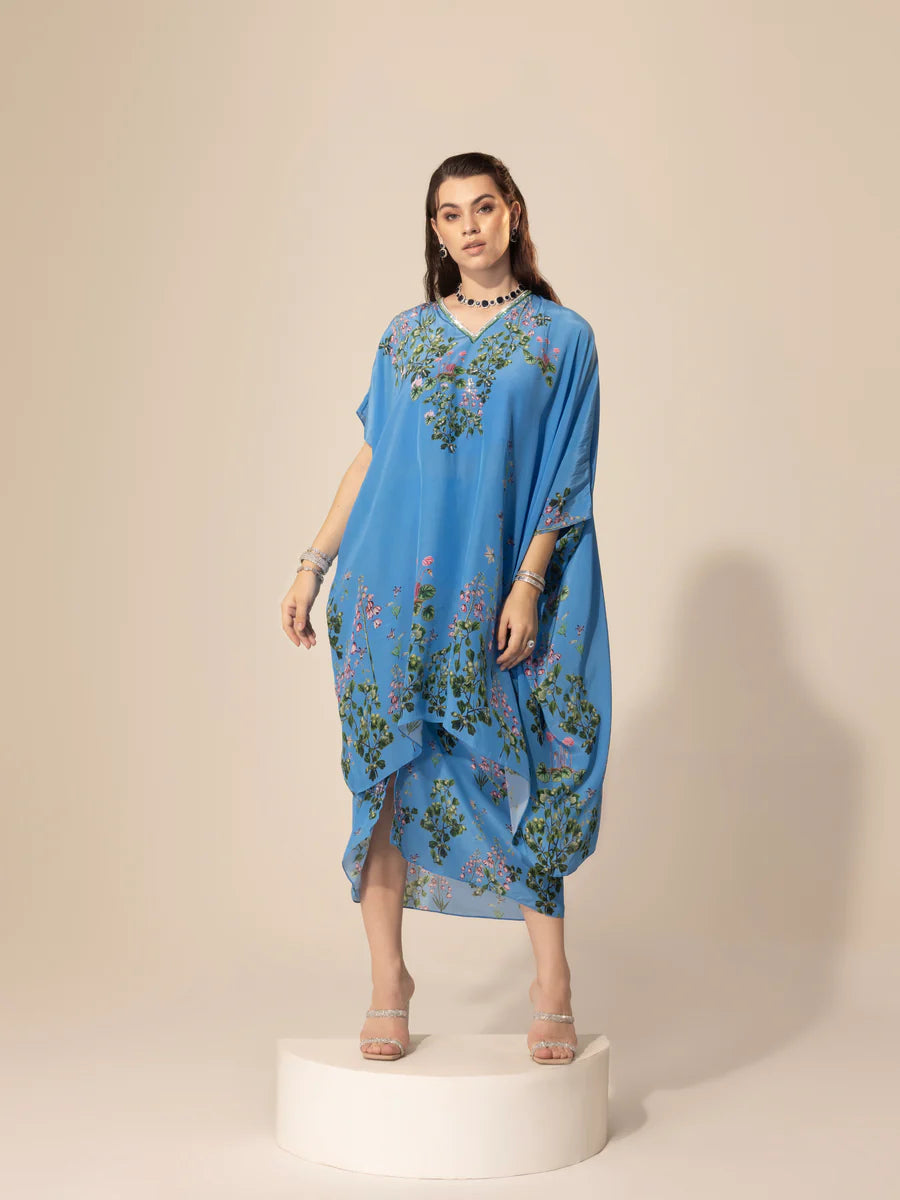 Light Blue Botanical Shirt Kaftan Tunic & Drawstring Skirt-- Graphic T-Shirt Round Neck Polyester
